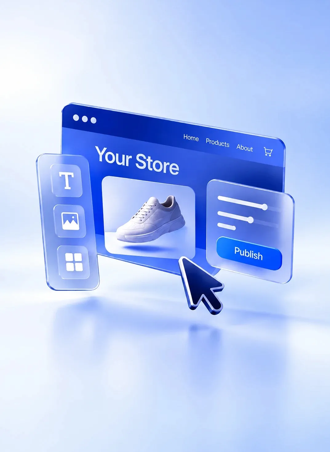 An online store on a laptop, with products floating around it