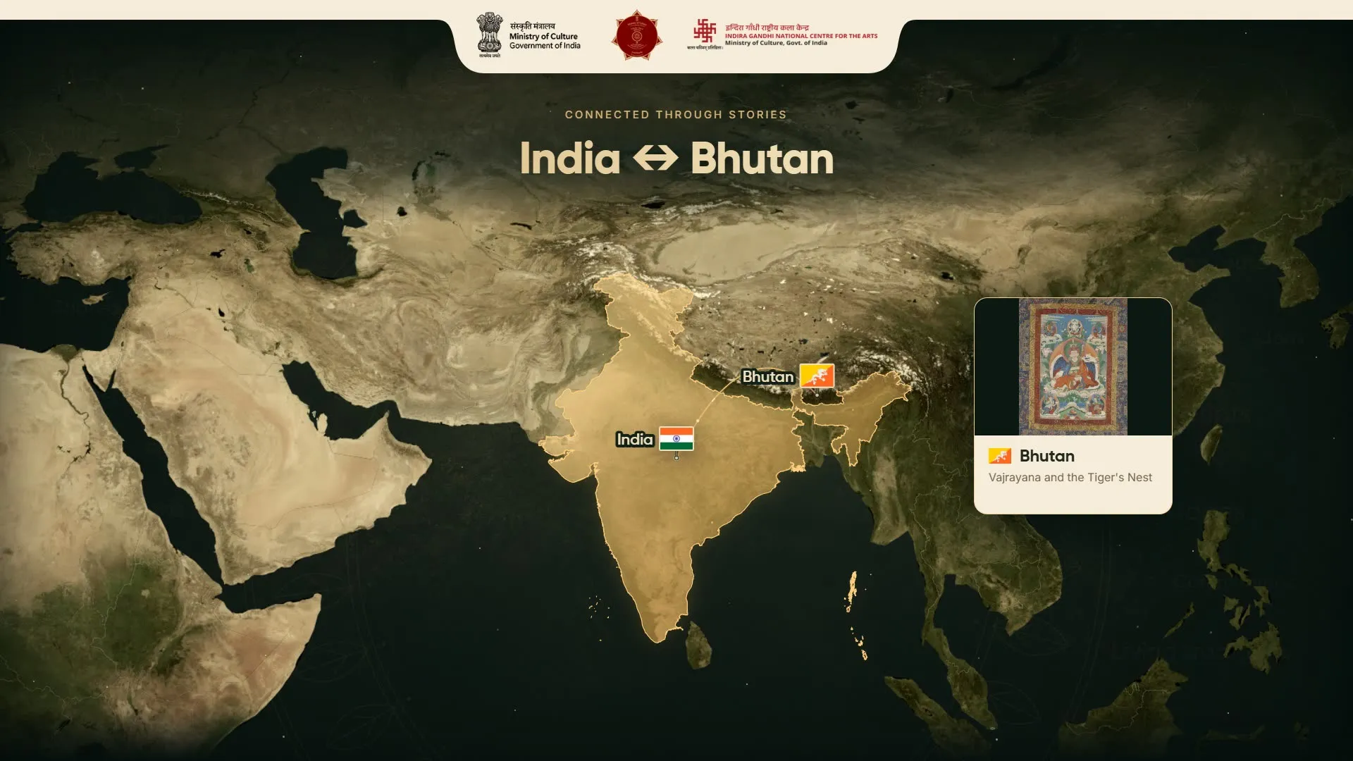 Wall display map titled India and Bhutan with a story card.