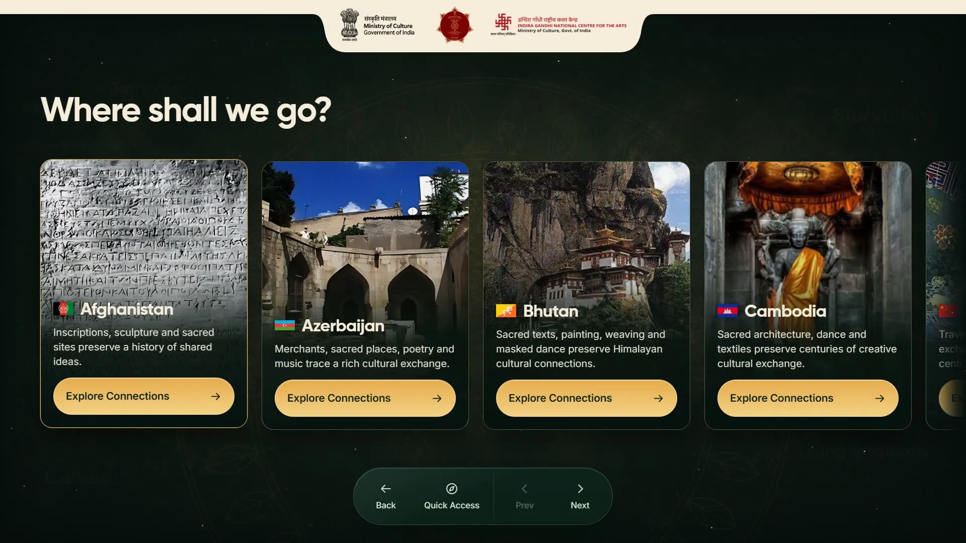 Controller screen 'Where shall we go?' with country cards for Afghanistan, Azerbaijan, Bhutan and Cambodia.