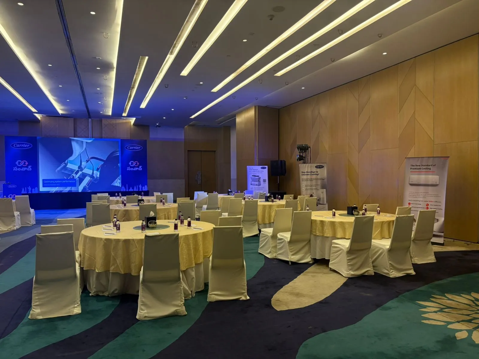 Banquet hall laid out for the Carrier event