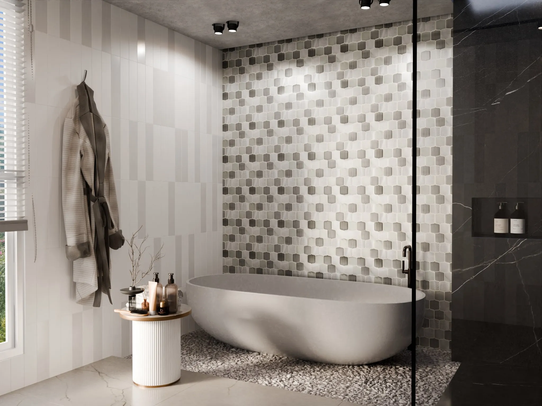 Rendered bathroom with a stone tub against a grey mosaic tile wall