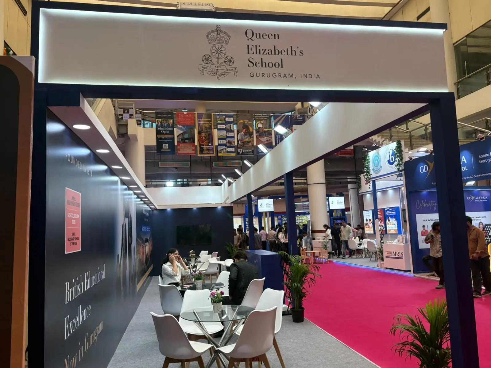 Aisle view of the booth with seating