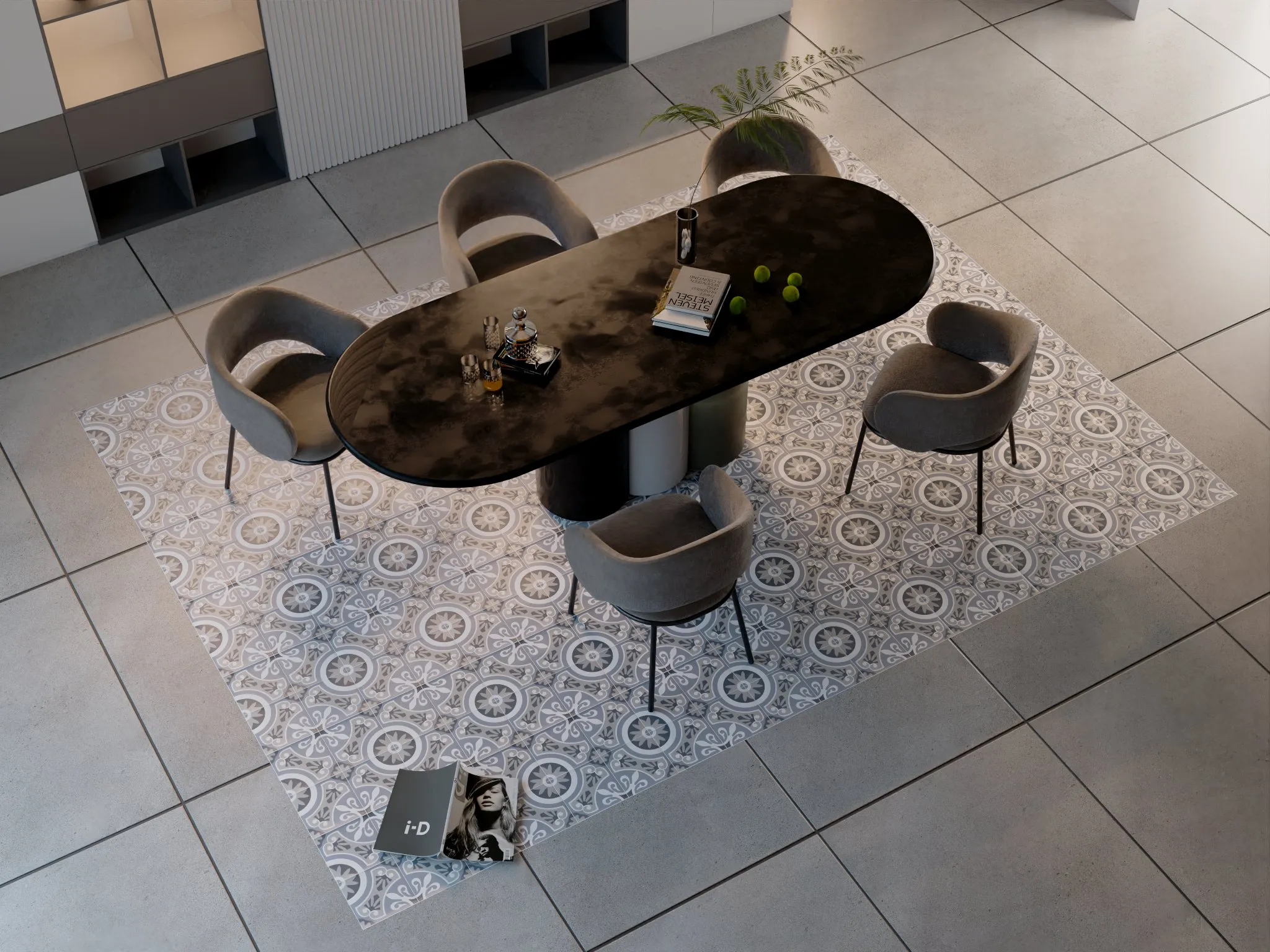 Top-down render of a dining table on a patterned tile inset in grey floor tiles