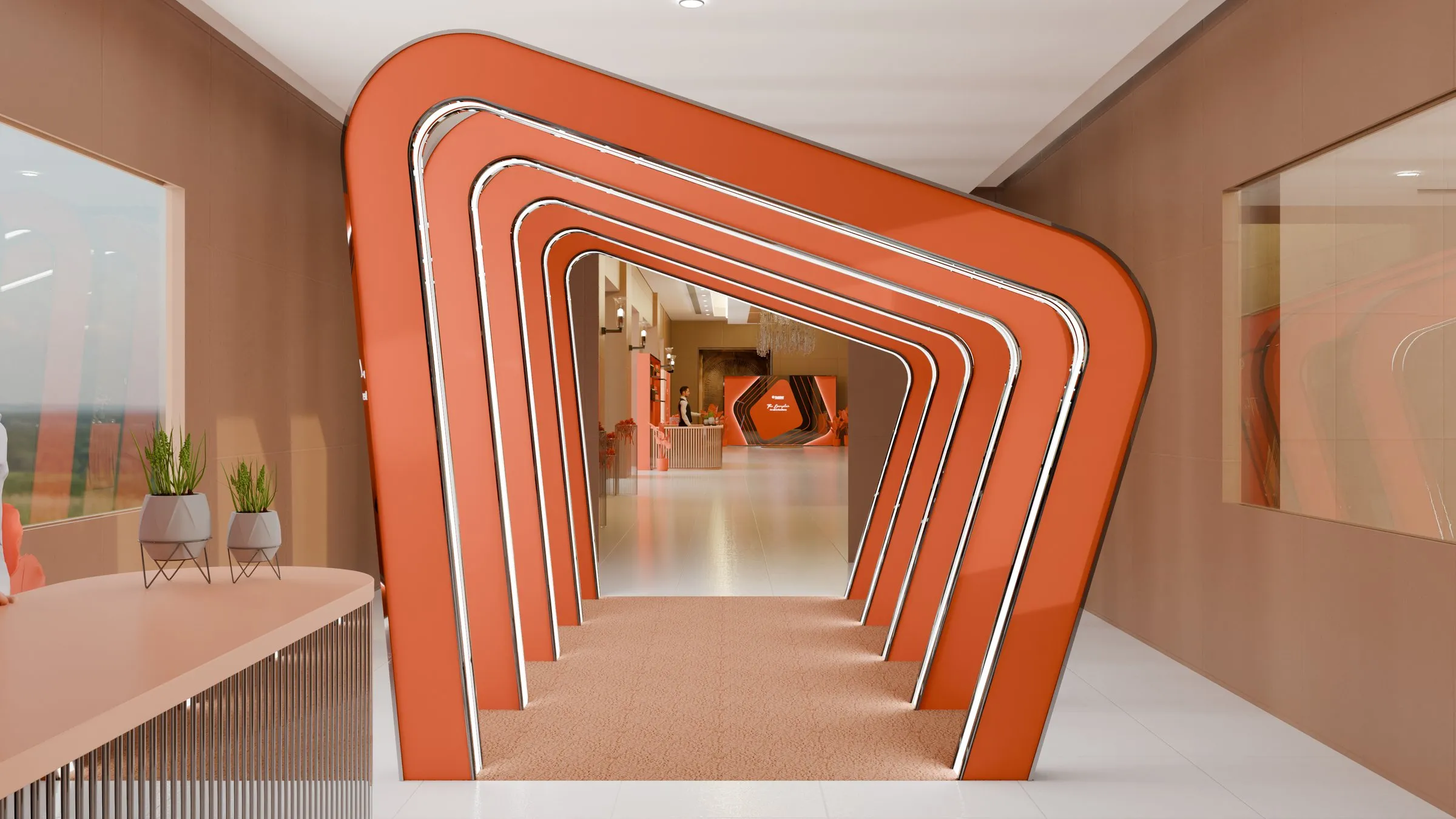 Render of a layered orange arch tunnel leading into an event hall.