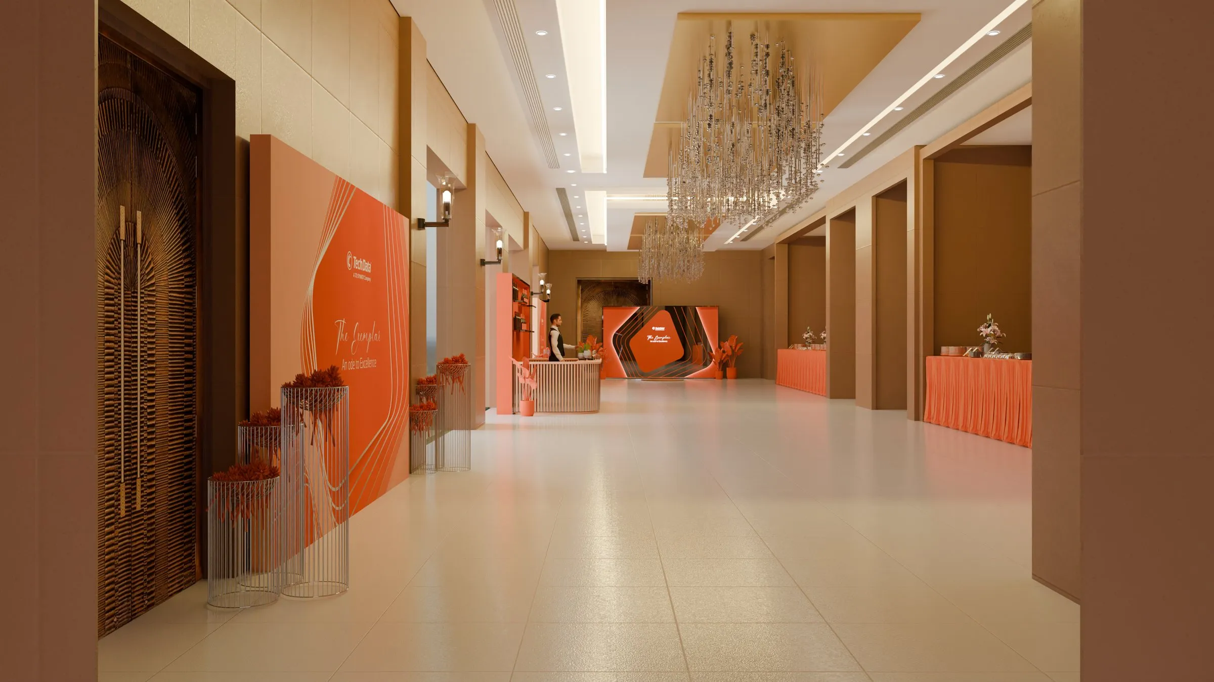 Render of the event corridor with orange stands, chandeliers and a long counter.