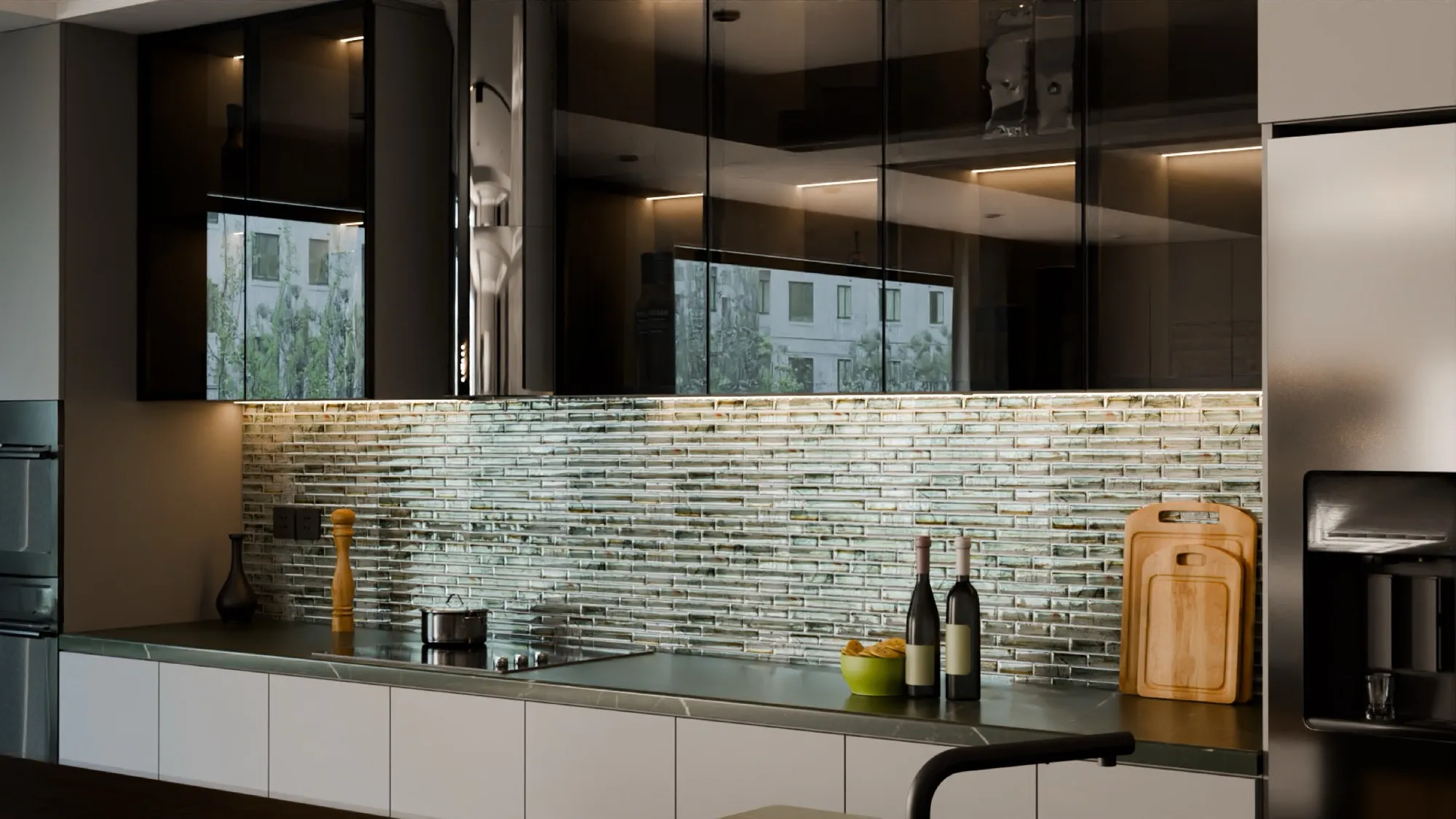 Rendered dark kitchen with a lit glass mosaic backsplash