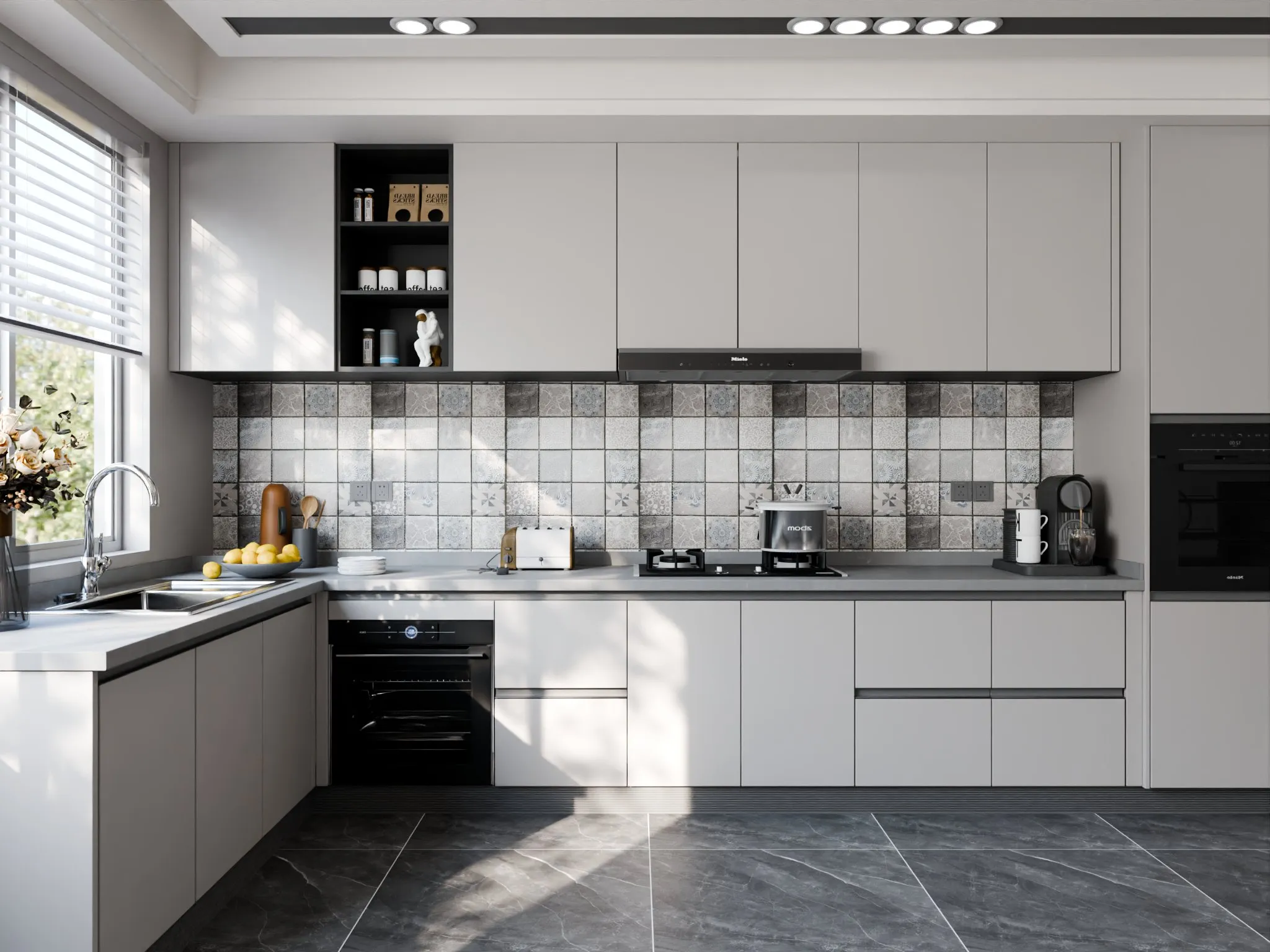 Rendered white kitchen with a patterned tile backsplash