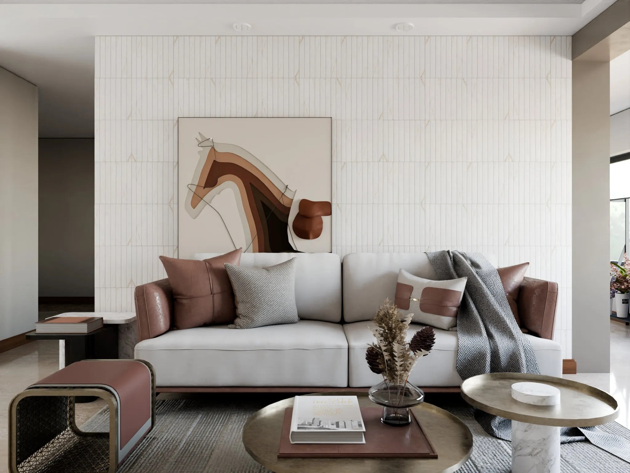 Rendered living room with a vertical white tile wall