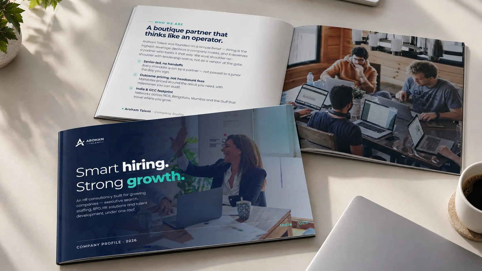 The company profile, cover and inside spread.
