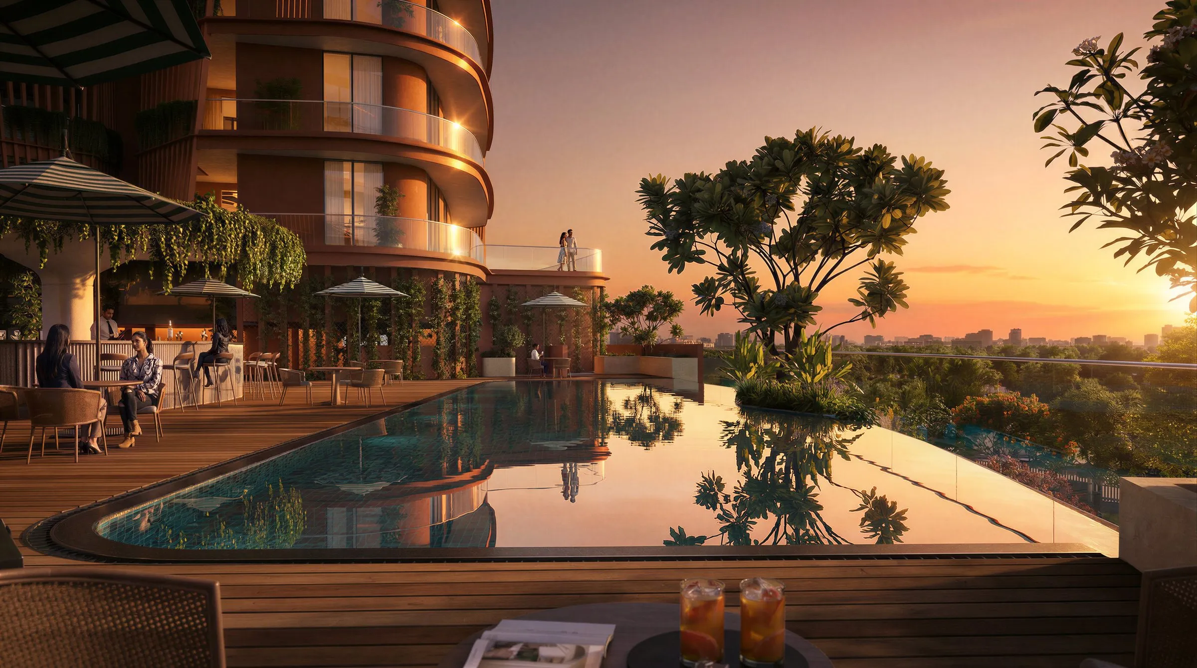 The pool deck between the towers.