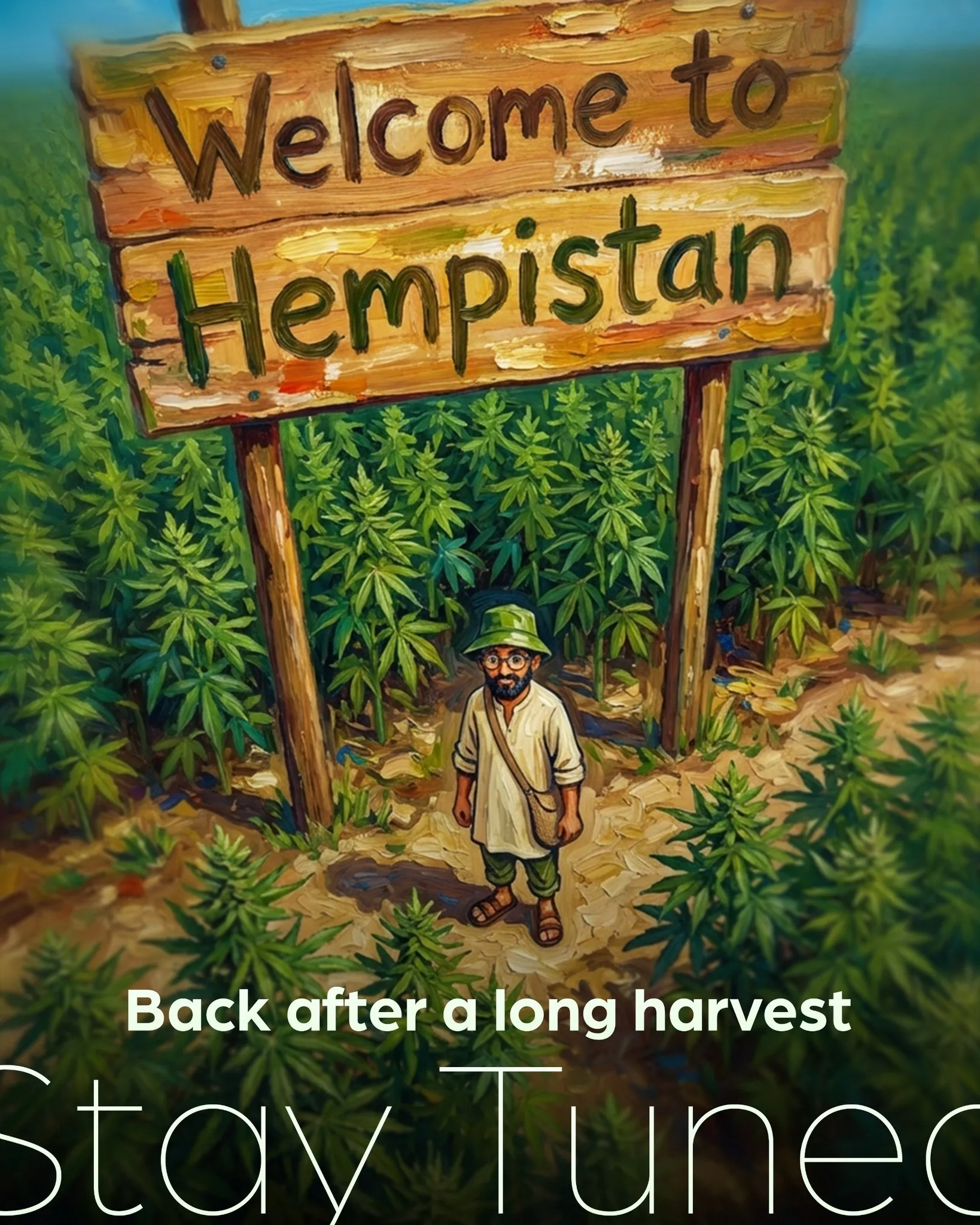 Post: Hemp Baba under a wooden Welcome to Hempistan sign.