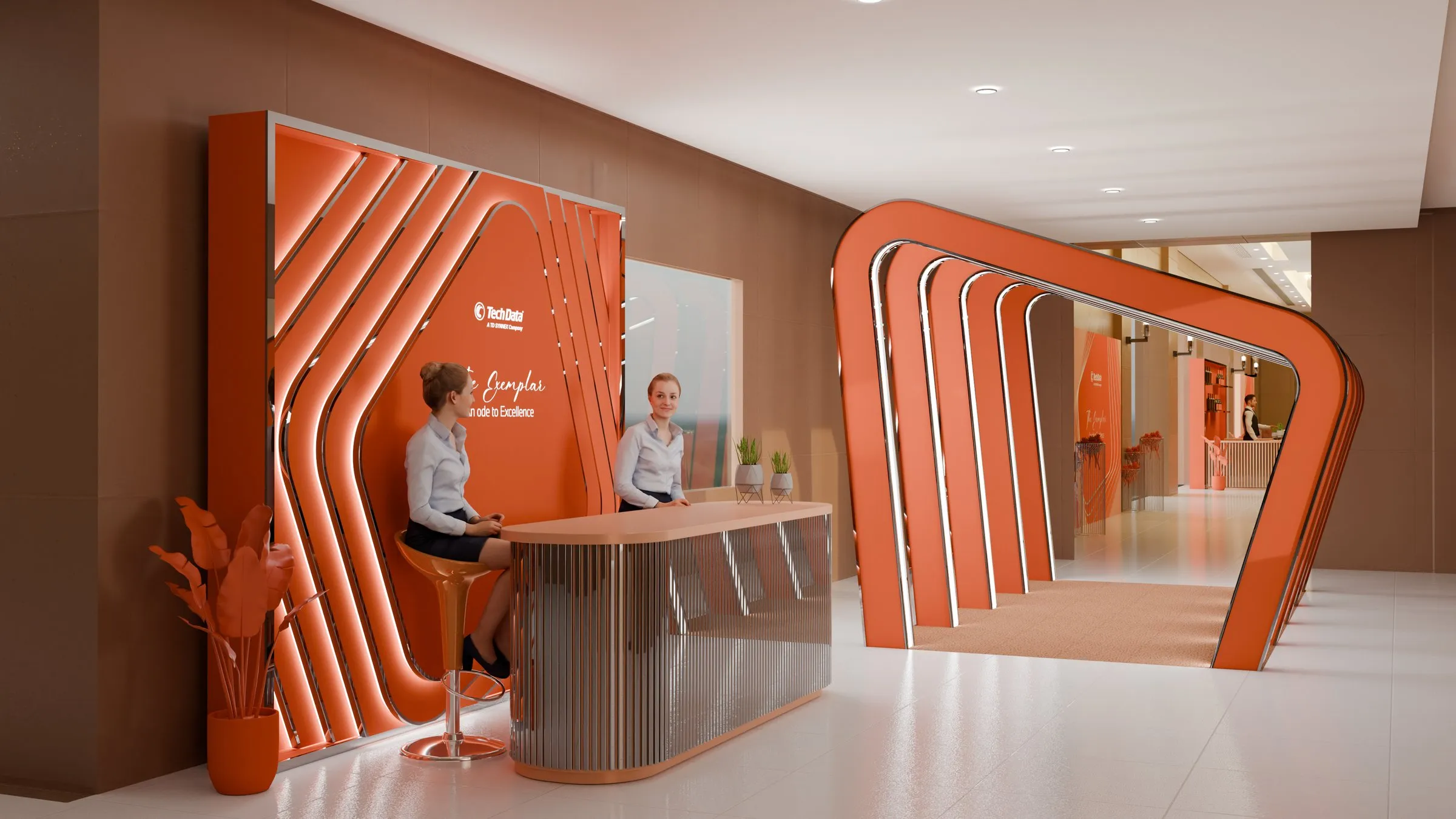 Render of the orange reception wall with a curved desk, beside the arch tunnel.