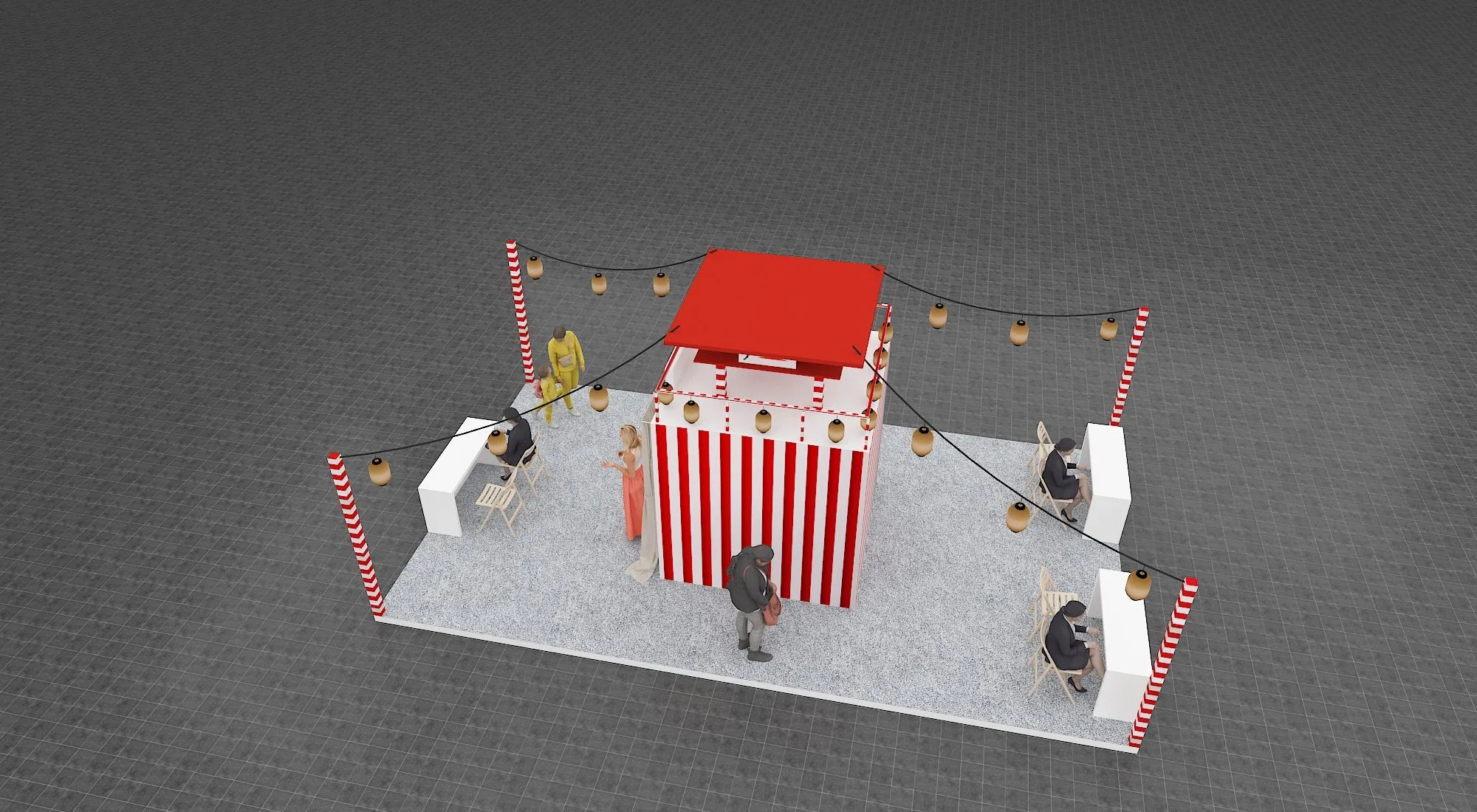 3D aerial render of the JNTO stand with red and white striped pavilion