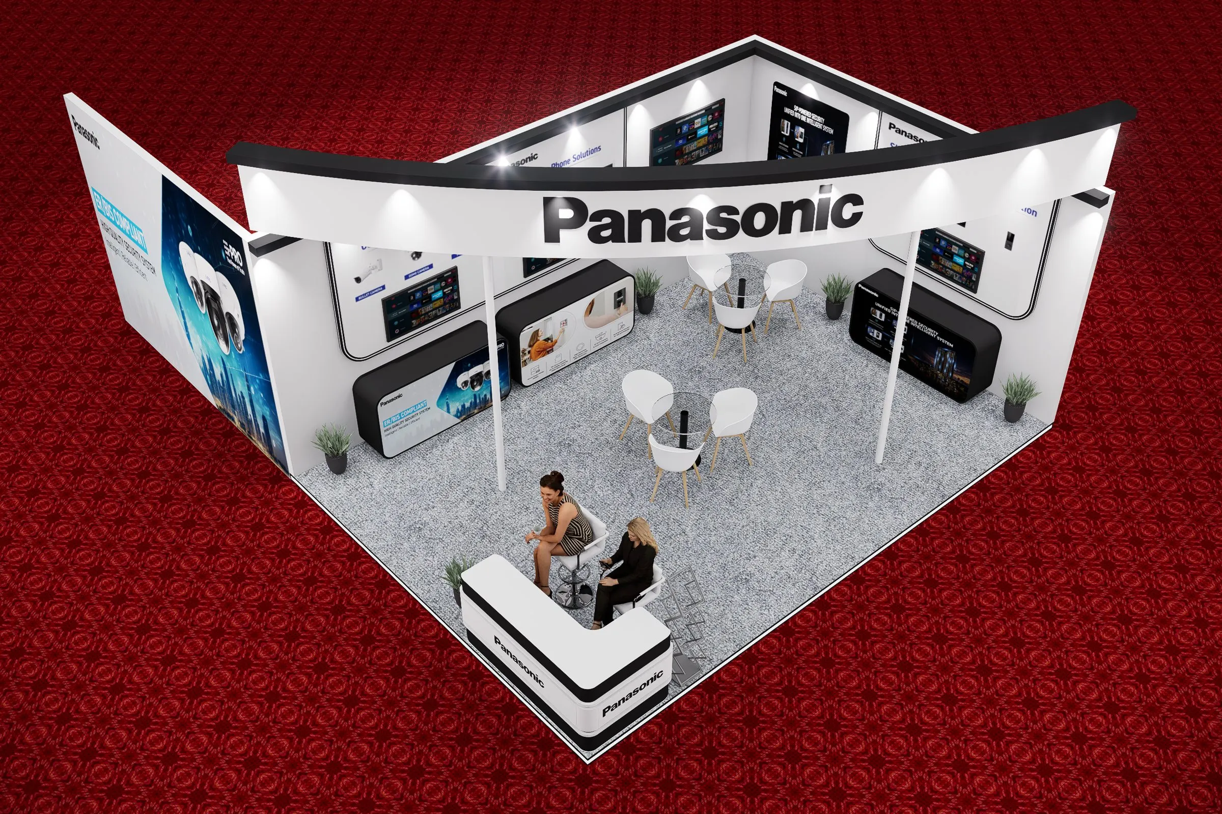 Aerial 3D render of the Panasonic booth showing the plan and seating