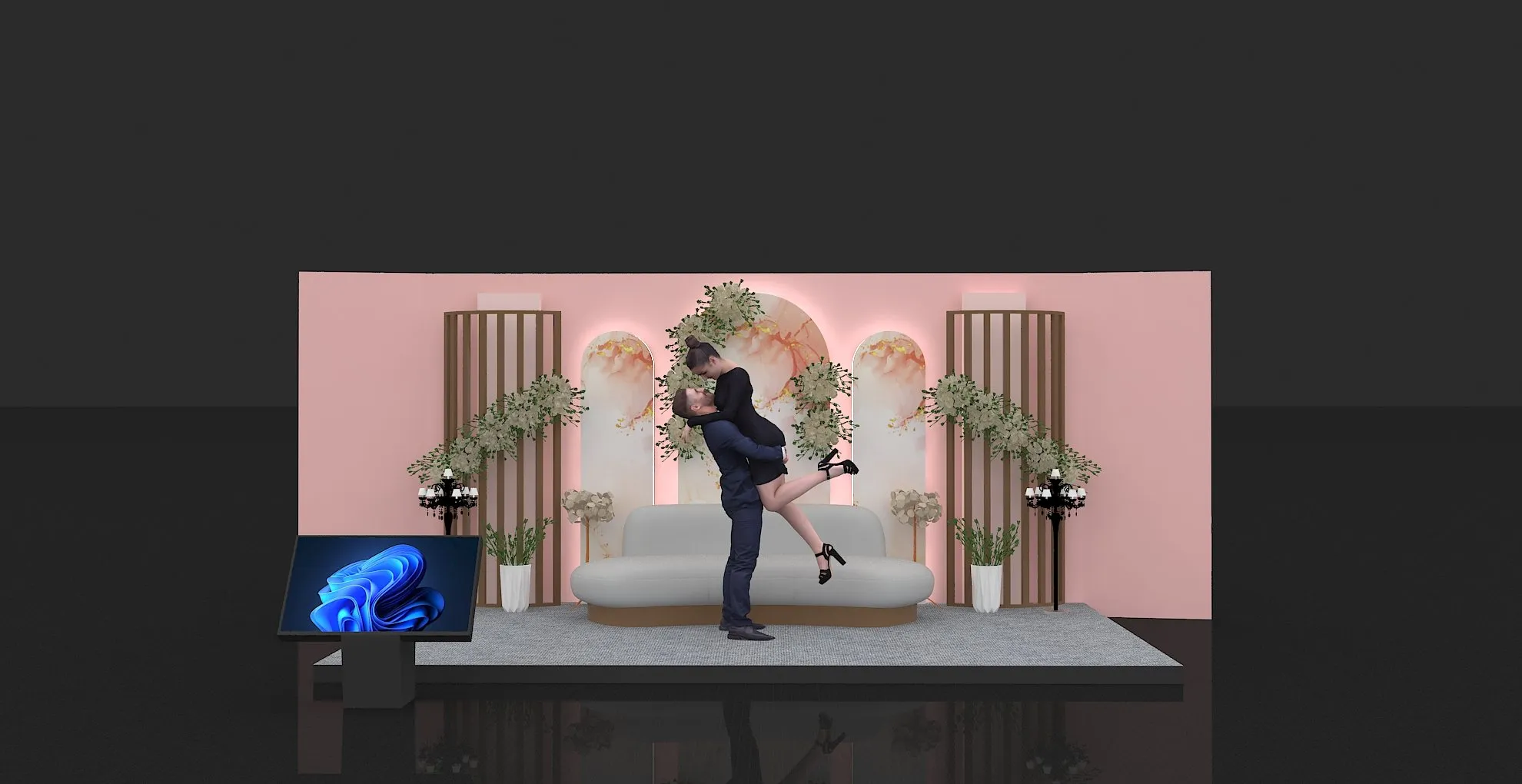 3D render of the floral photo set with sofa