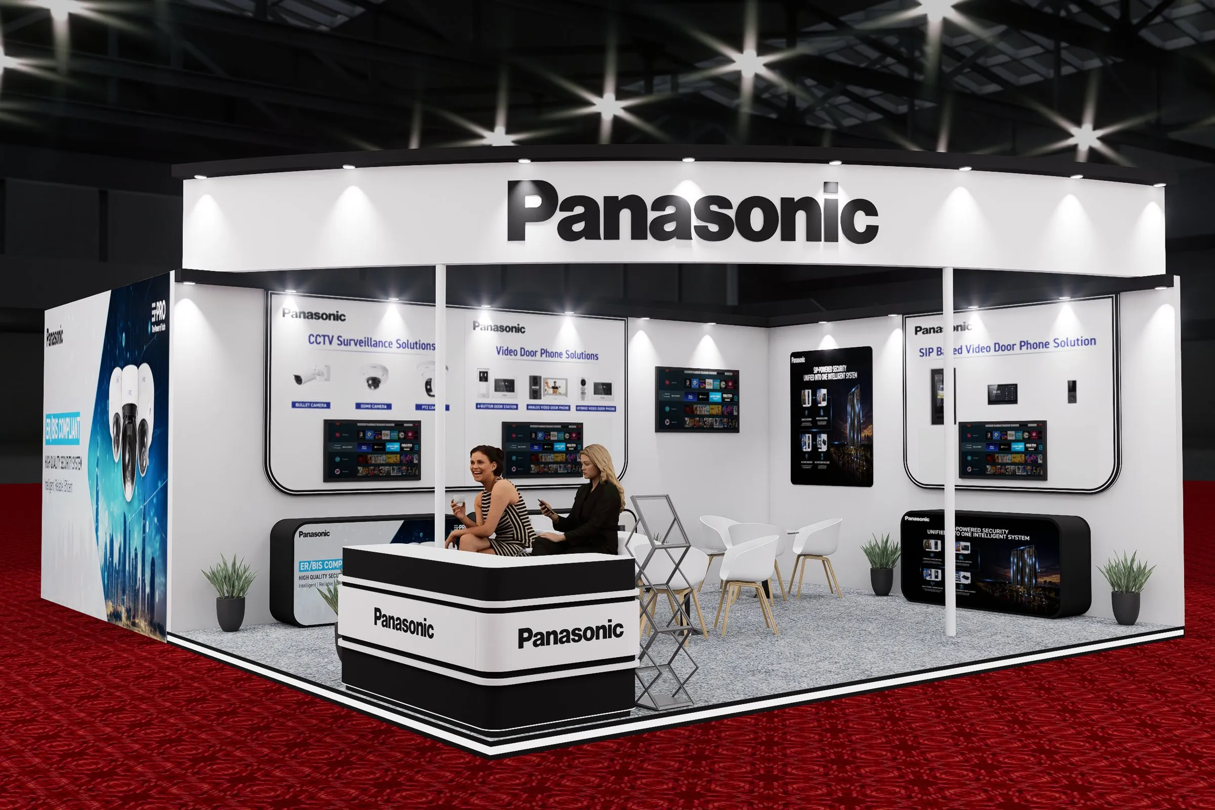 3D design render of the Panasonic booth, front view