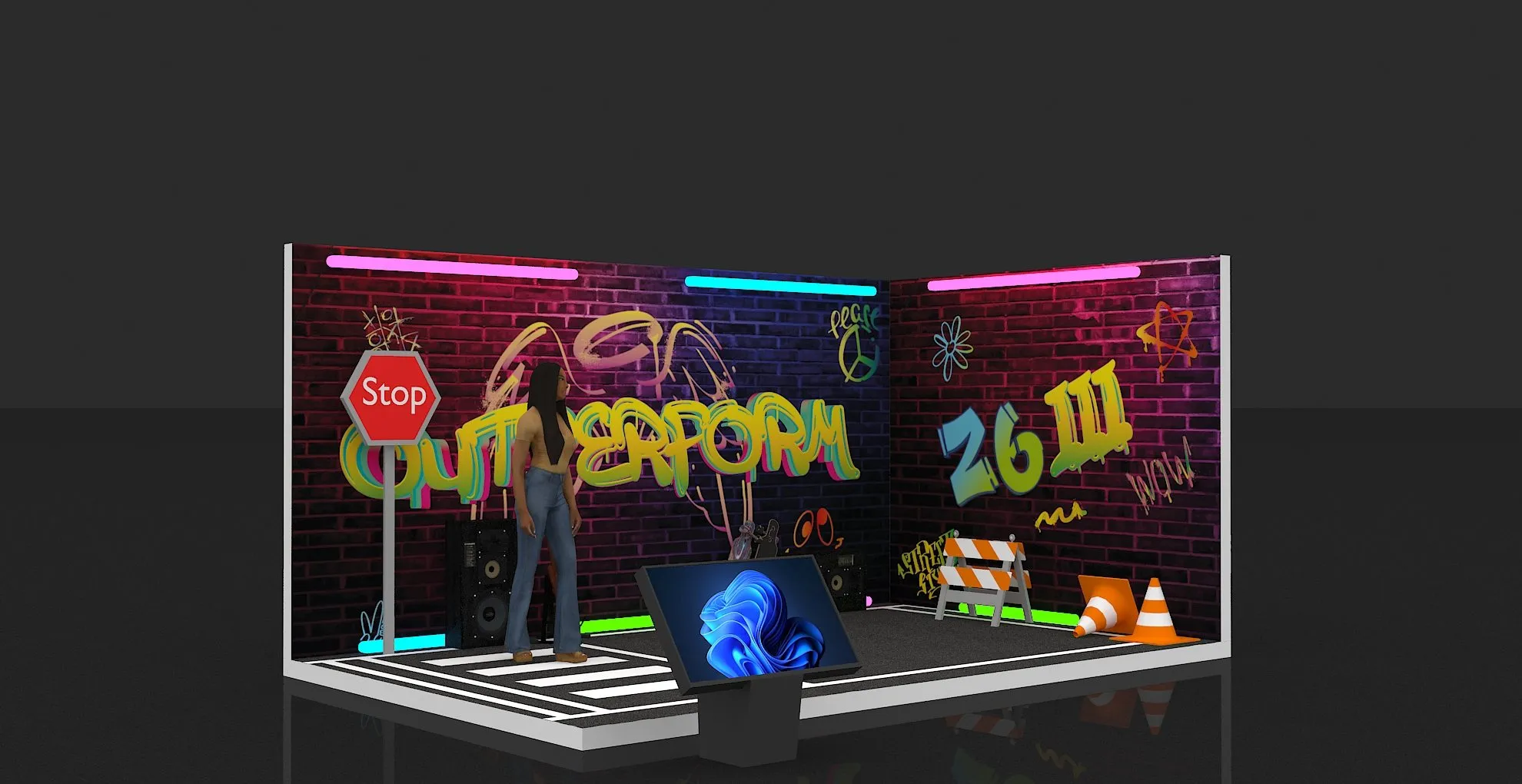 3D render of the graffiti set with neon lights and a presenter