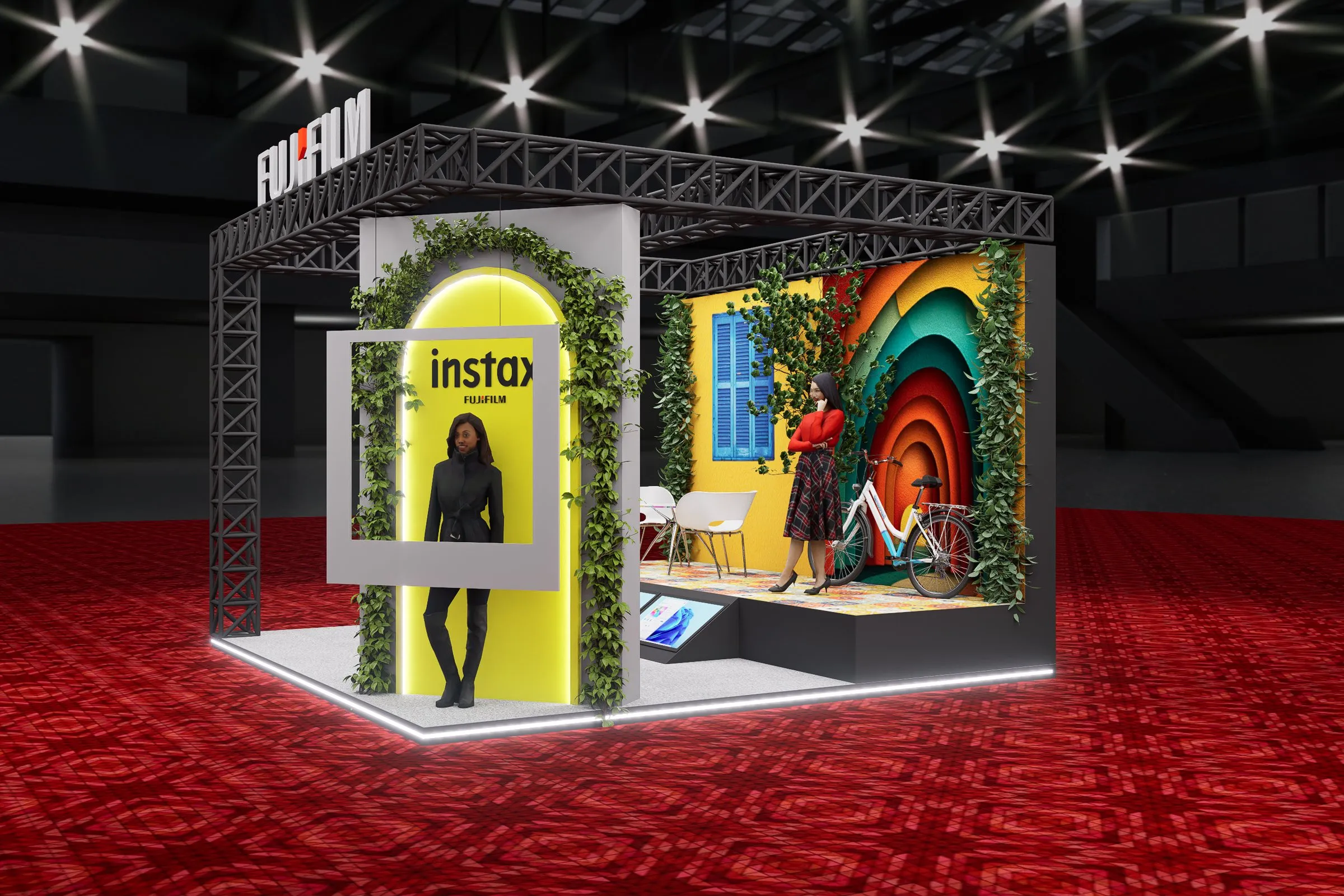 3D render showing the Instax arch with a photo frame and the rainbow backdrop