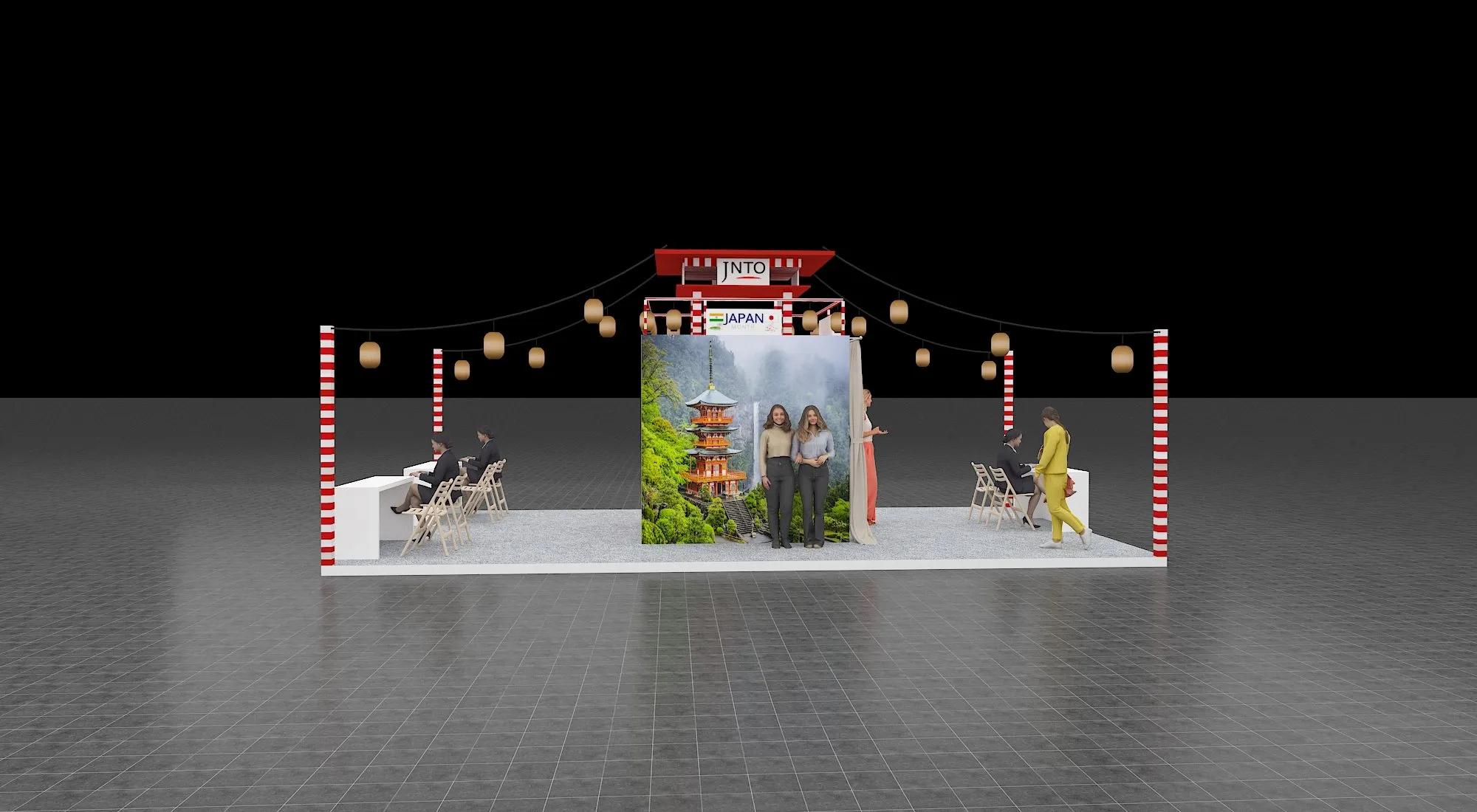3D render of the JNTO zone with lanterns and photo wall