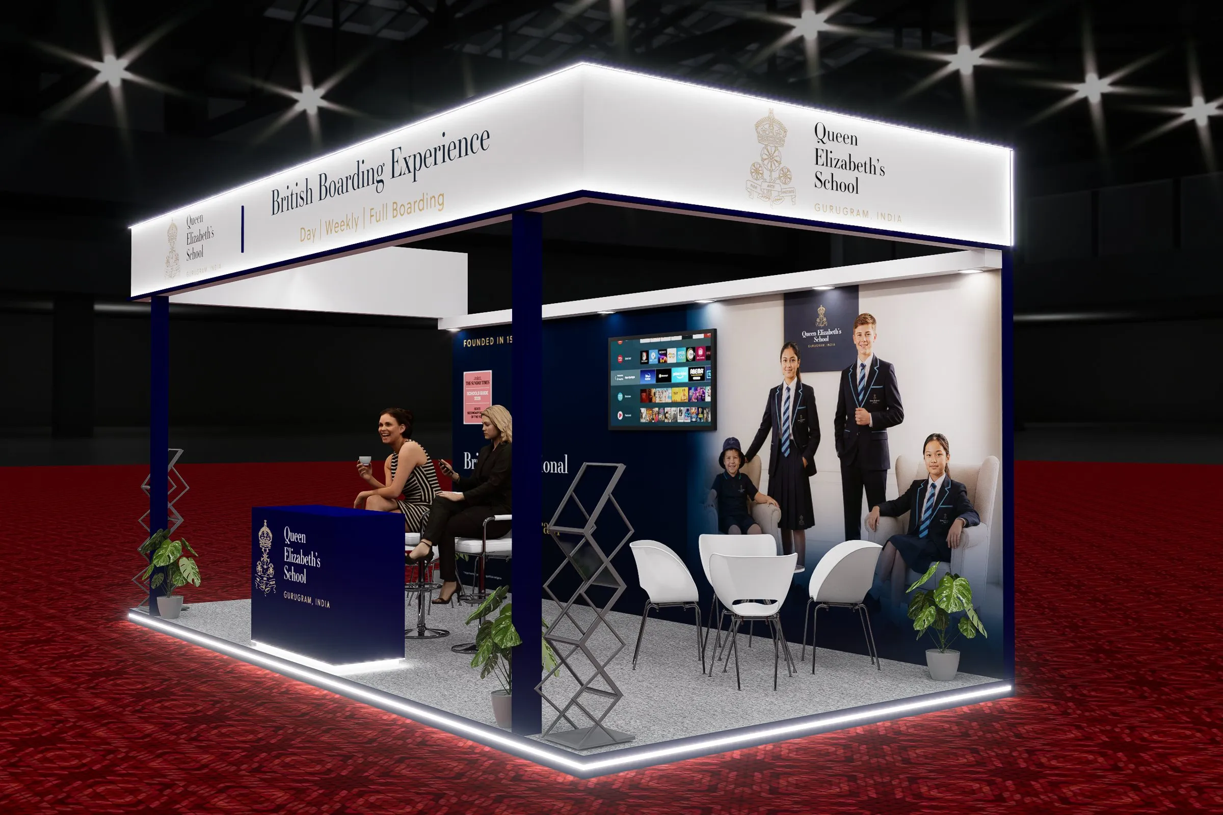 3D render of the seating area and desk