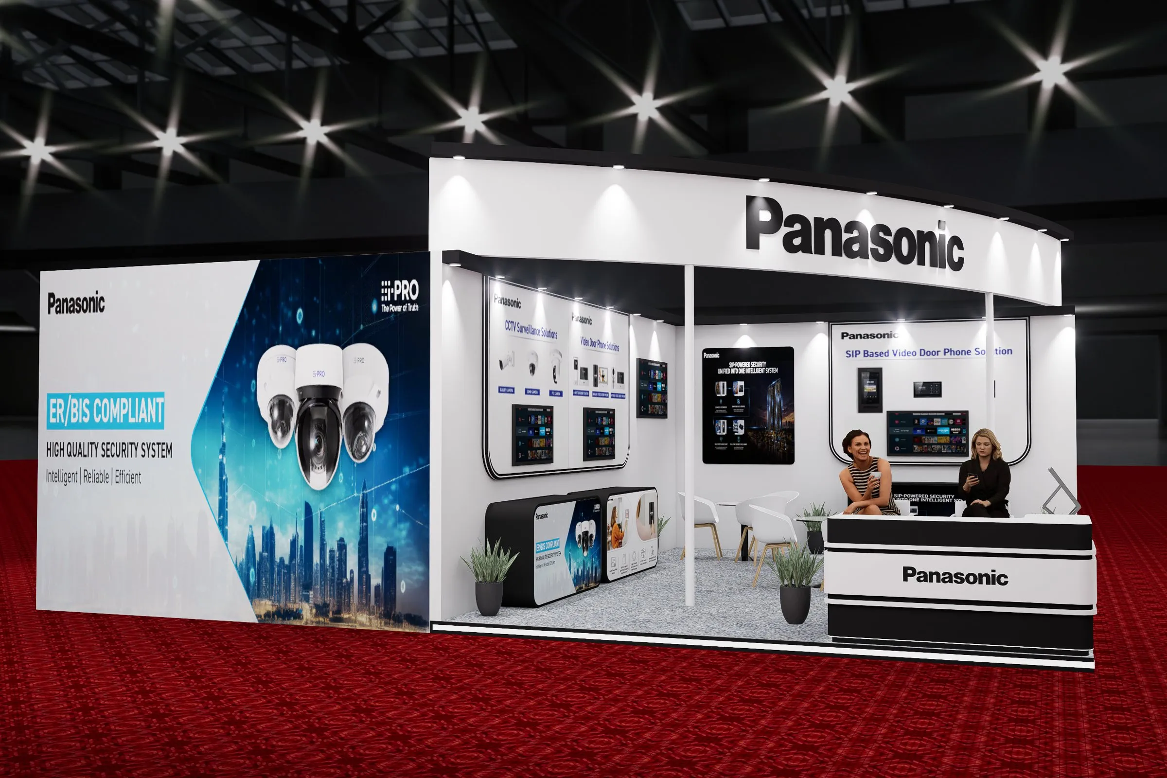 3D render of the booth from the side with the ER/BIS compliant graphic wall